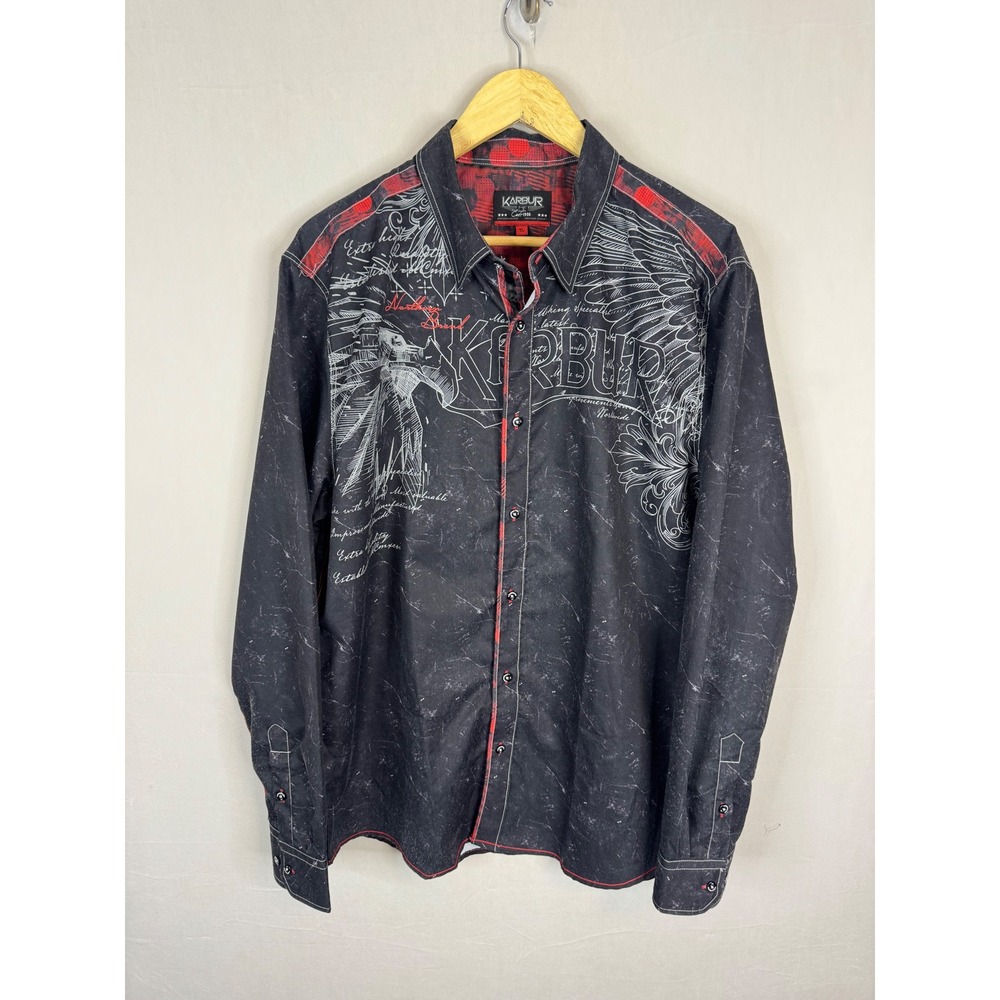 Karbur Mens Long‎ Sleeve Button Down Shirt Black Red Graphic Print Size XL